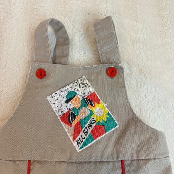 Vintage Coveralls Overalls Baby Toddler Boy 12 Months Tan Red Baseball CUTE - Picture 3 of 6